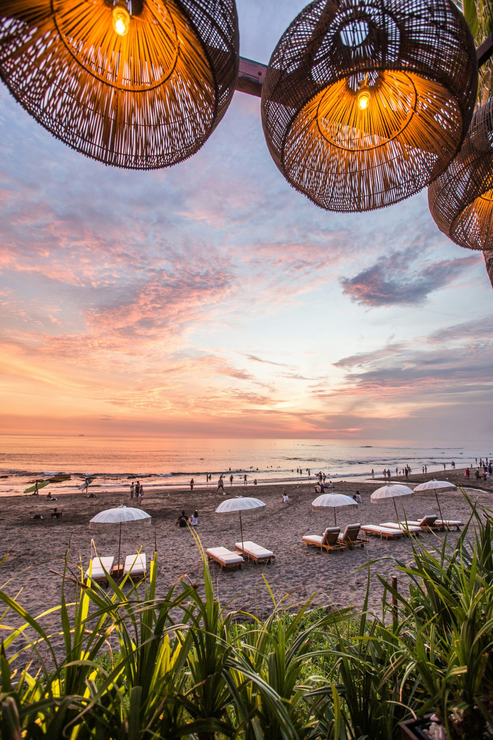 Beachfront loungers and umbrellas on Legian beach, Bali
